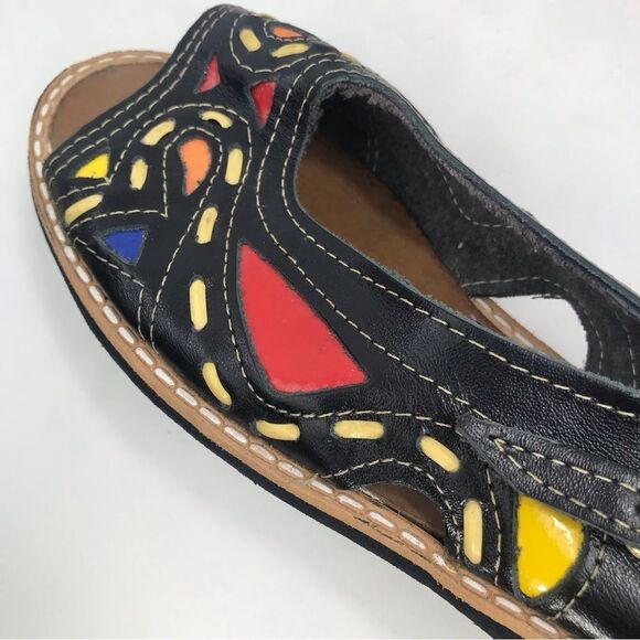 Maria Bonita Black Leather Colorful Stitch Inlay Slingback Open Toe Flat Sandals - Picture 12 of 16